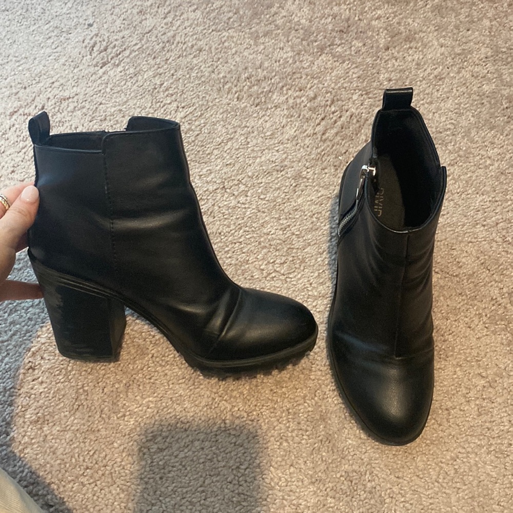 Black leather heeled boots